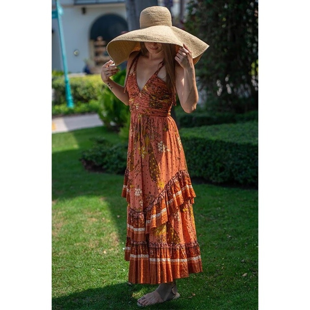 Ulla Johnson Meera Floral Ruffle Tie Strap Maxi Dress Cardinal Orange 10 $650